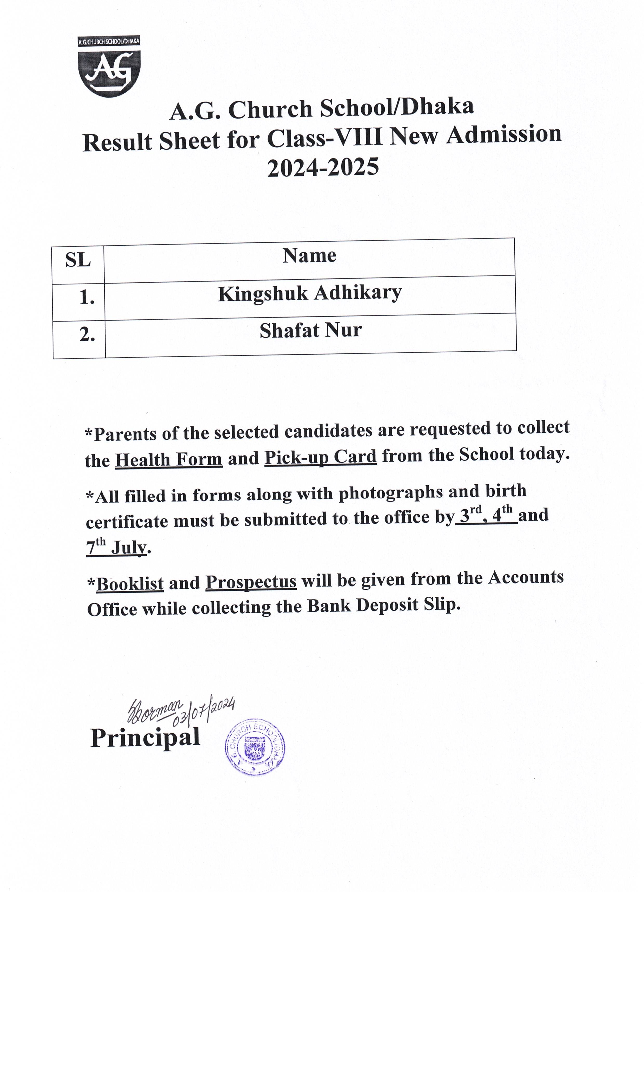 Result Sheet for Class-8 New Admission 2024-2025